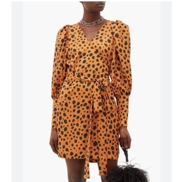 Rhode Dress Frankie Mini Wrap Long Sleeve Satin Leopard Print Polka Dot Orange - Picture 1 of 8